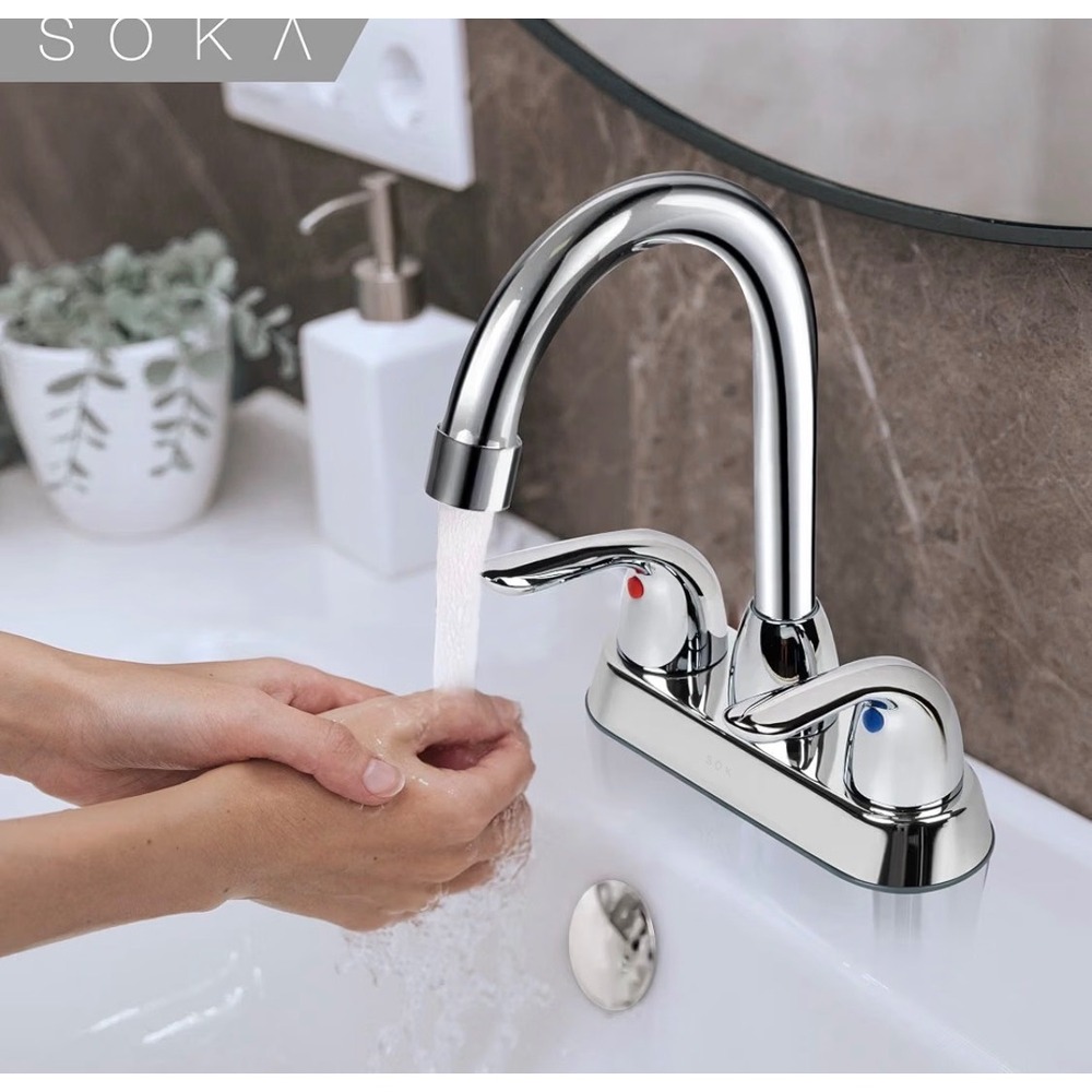 Soka Chrome Bathroom Sink Faucet Two Handle Goose Neck Assembly Brand New In Box - Picture 6 of 15